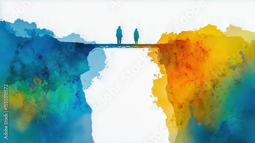 Two figures on a bridge connecting vibrant colored landscapes.