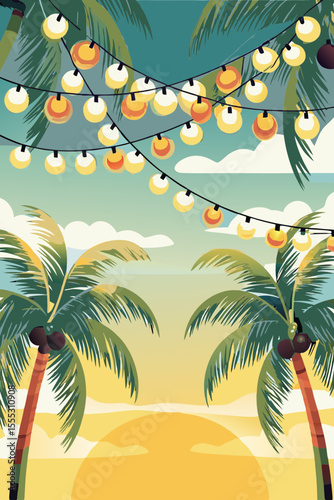 Vibrant summer festival scene with palm trees, colorful string lights, and a sunset backdrop, creating a lively atmosphere for outdoor celebrations and gatherings