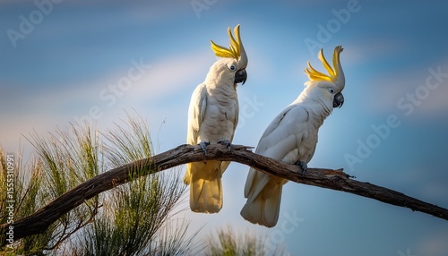 two beautiful major mitchell s cockatoos stand peacefully on a dry branch showing off their vibrant plumage
