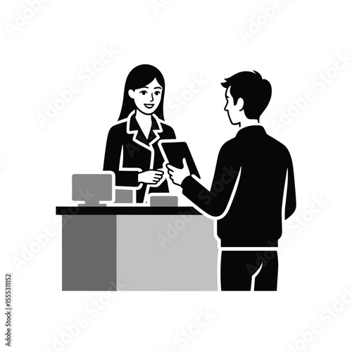 Man interacting with female staff at an airport information desk  