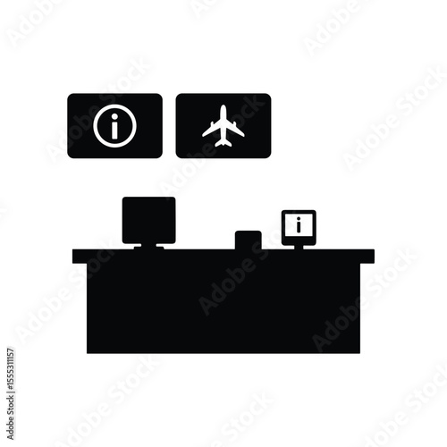 Airport information desk with check-in counters and signs  