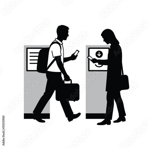 Man and woman using smartphones while navigating airport services  