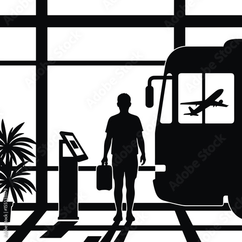 Man waiting for shuttle bus in airport terminal with suitcase  
