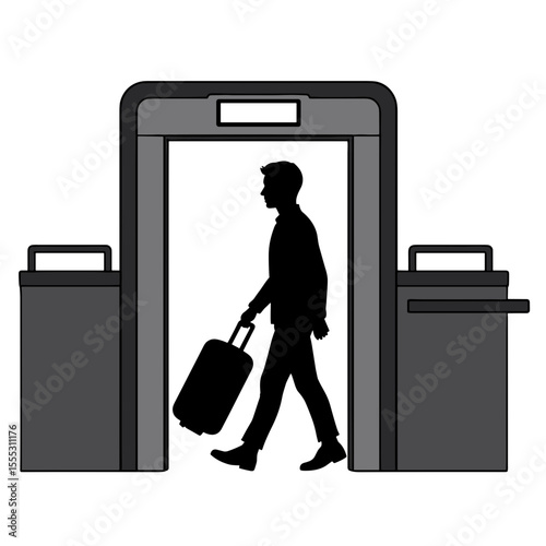 Man walking through security screening at airport with luggage  