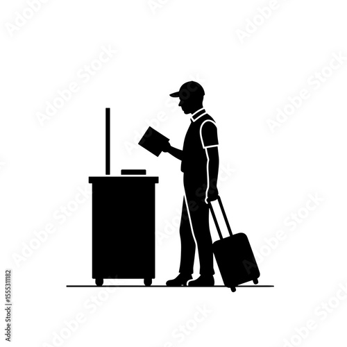 Person checking in luggage and reading at airport security desk  