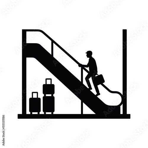 Silhouette of a passenger walking up an escalator with luggage - Concept of Things to do in airport  