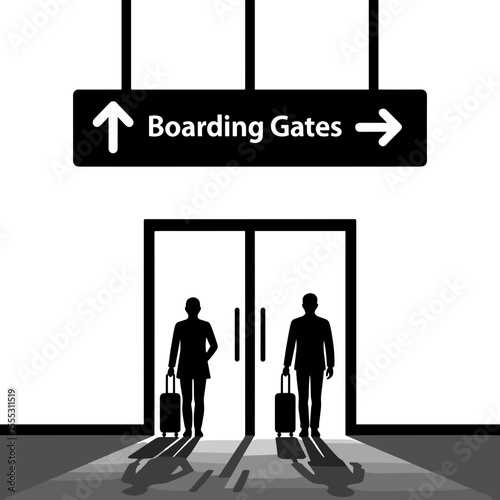 Silhouettes of passengers with luggage entering boarding gates in airport  