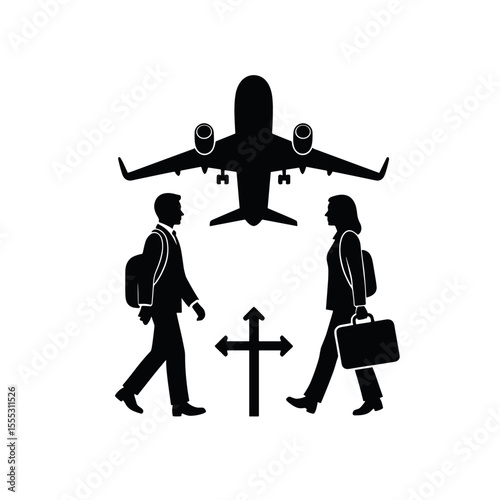 Two business travelers navigating airport wayfinding directions with airplane  
