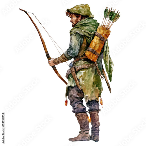 Robin Hood English Folklore, watercolor drawing vector, isolated on a white background.
