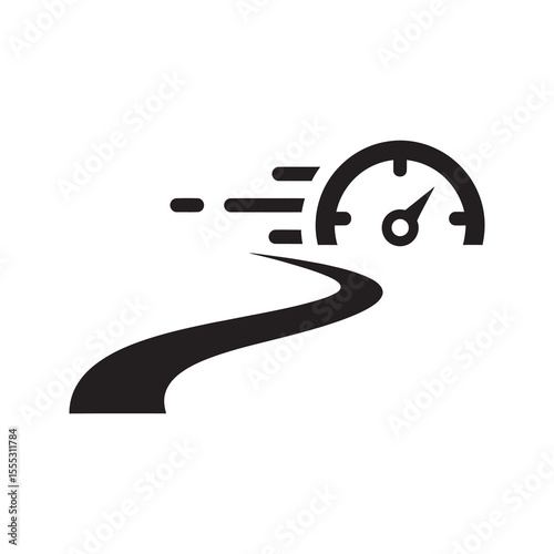 Speedometer on a road icon representing fast driving performance measurement and vehicle velocity for a quick journey and automobile race track vector solid glyph icon