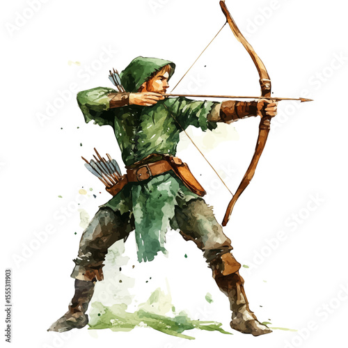 Robin Hood English Folklore, watercolor drawing vector, isolated on a white background.