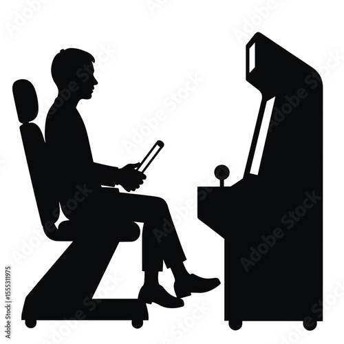 Silhouette of a person playing arcade game at the airport entertainment  