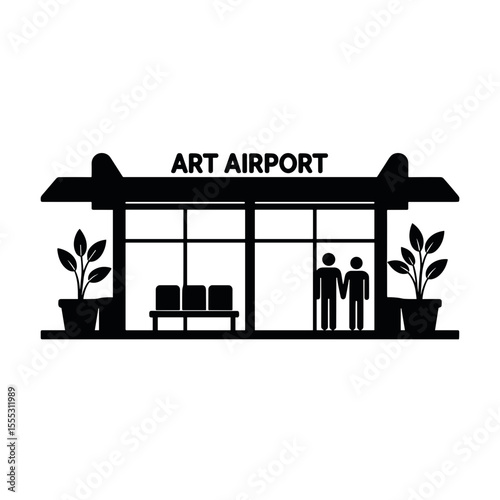 Art airport exhibition area with people looking at artwork inside  