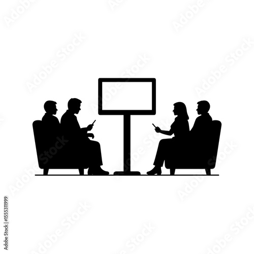 Four people sitting in chairs looking at TV screen in airport  