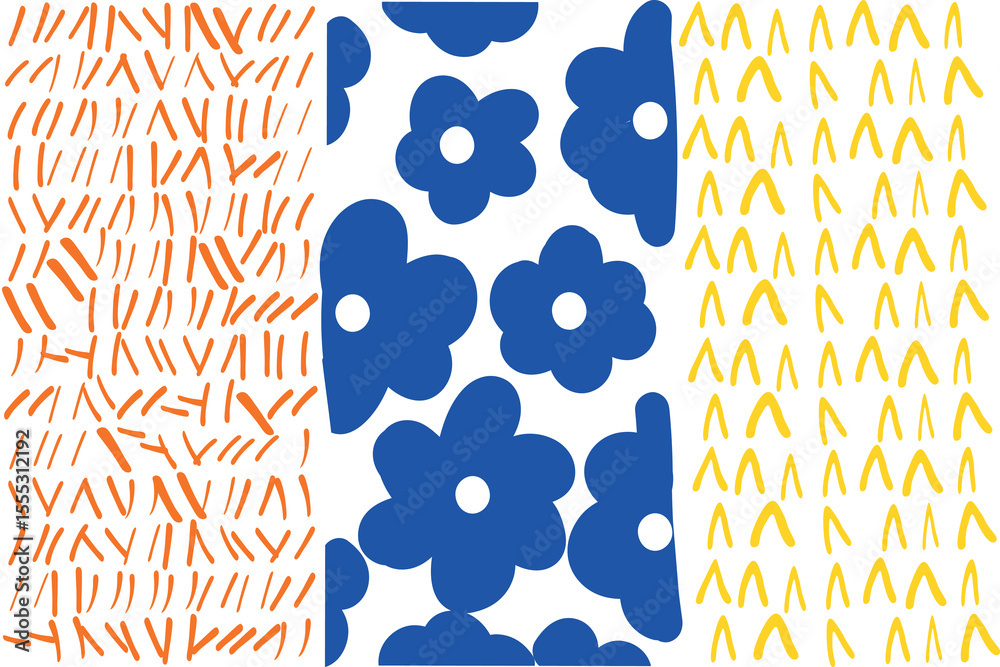 Abstract geometric patterns with blue flowers and orange and yellow dashes