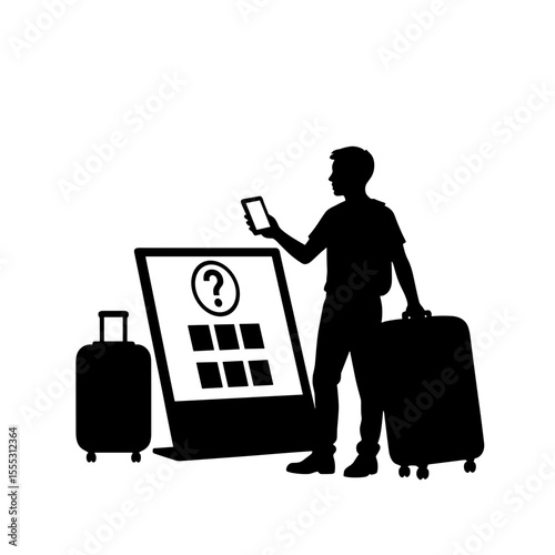 Silhouette of man using smartphone near interactive quiz touch panel at airport Concept of Things to do in airport  
