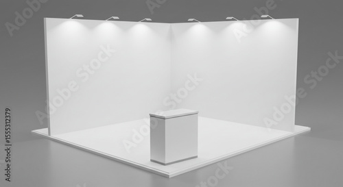 A white exhibition stand with lights and a counter on a gray background in a studio setting