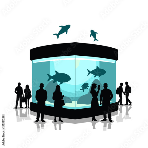 Silhouettes of people enjoying aquarium in airport leisure area - Concept of Things to do in airport  