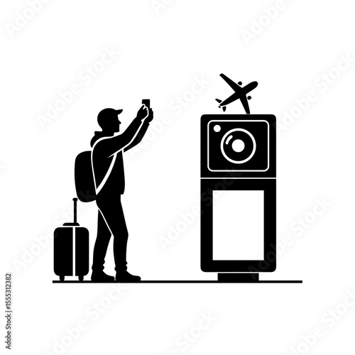 Man taking selfie at airport photo spot with airplane concept of Additional Entertainment at the Airport  