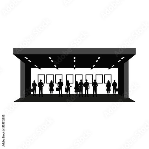 Silhouettes of people viewing artwork in airport exhibition area - Concept of Things to do in airport  