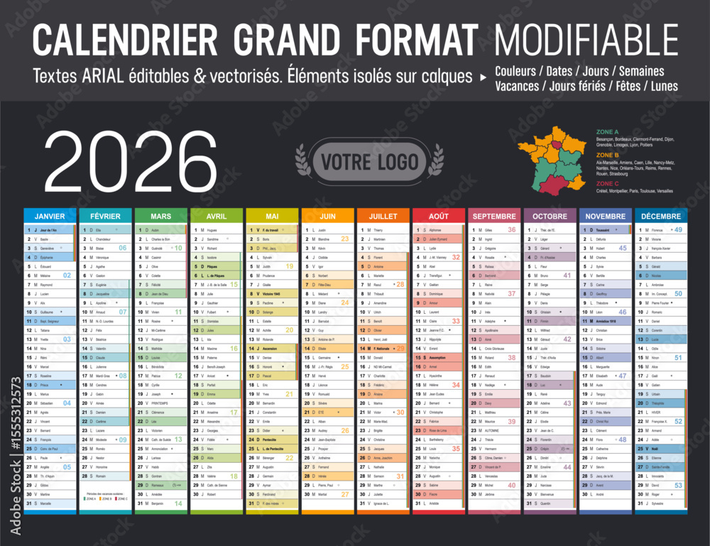 Calendrier Français 2026 modifiable, grand format horizontal  France, éléments isolés sur calques, textes en Arial, éditables et vectorisés