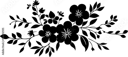 Elegant floral bouquet design in black vector silhouette, suitable for cutting machines, printable art, and stylish invitations.
