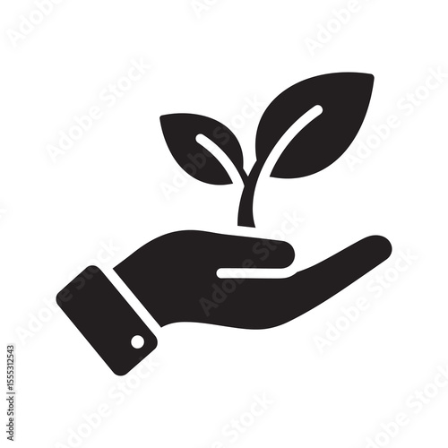 Hand holding a sprout icon for new life growth and environmental care representing nature conservation organic farming and sustainable development vector solid glyph icon