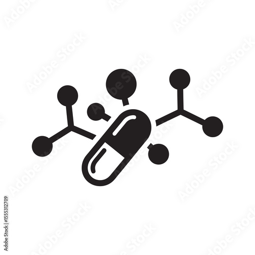Pharmaceutical science icon with a pill and molecular structure representing drug formulation pharmacology research and biotechnology development vector solid glyph icon