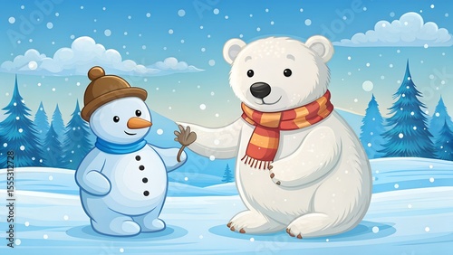 Polar Bear Cub Building Snowman