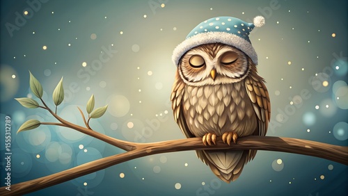 Sleepy Owl Wearing Hat on Tree Branch