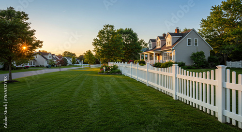 Fototapeta Naklejka Na Ścianę i Meble -  A suburban home with a white picket fence and a large green lawn at sunset in a neighborhood setting