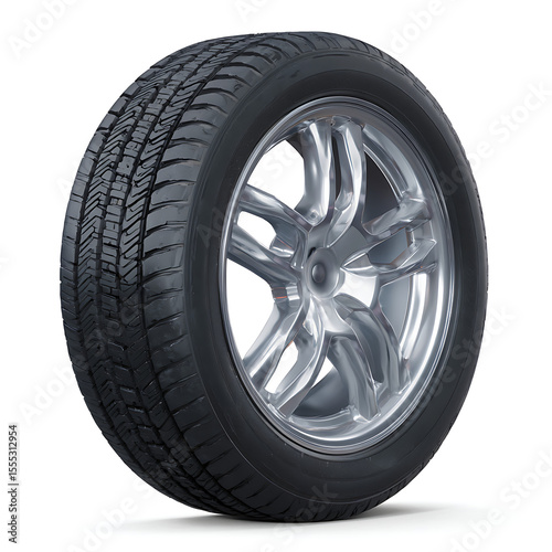 Black tire with silver alloy wheel automotive rubber