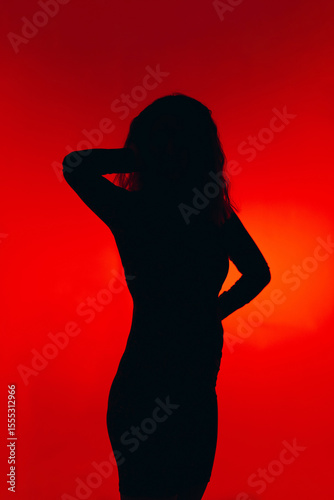 black silhouette, young beautiful girl, red background, fashion studio portrait, unrecognizable