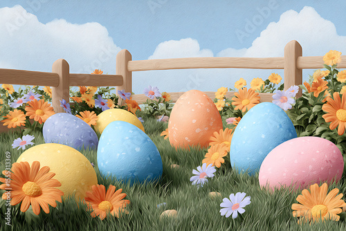 Easter eggs in meadow with flowers and fence pastel colors