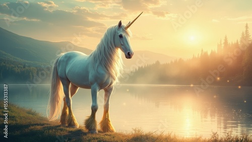 A majestic unicorn stands by the edge of a serene lake, bathed in the golden hues of sunset. Its white coat and flowing mane shimmer softly, while its golden horn glows against the dreamy backdrop.