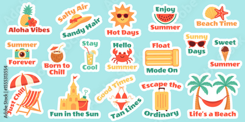 Cute flat vector set of colorful summer stickers with quotes. Sun, ice cream, hat, hammock, float, fruits. Cartoon icons elements for summer vacation, beach, scrapbooking, holiday, card, tropical.