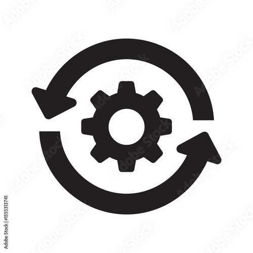 Continuous workflow icon with a gear and circular arrow for process automation operational cycle system refresh and constant business improvement vector solid glyph icon