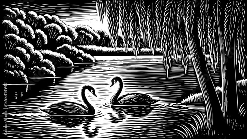 Misty river at dawn with swans and willow trees along the bank, a black and white sketch vector hand drawn