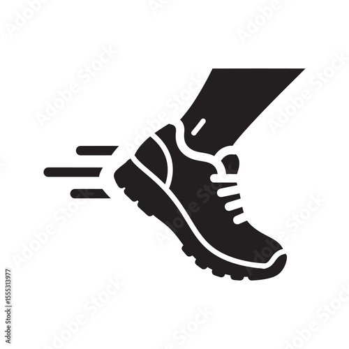 Running shoe icon with speed lines representing fast jogging athletic fitness and cardio exercise for a healthy lifestyle and marathon training vector solid glyph icon