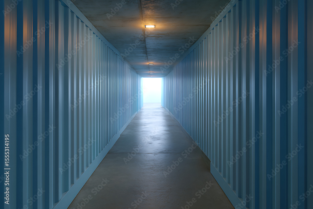 Fototapeta premium Light blue corrugated hallway with concrete ceiling