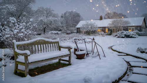 Wallpaper Mural Magical winter garden with a snow-covered bench, glowing house lights, and sparkling effects.
 Torontodigital.ca