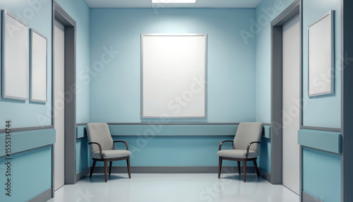 Empty hospital waiting room poster mockup. Two comfortable chairs for patients. Blank template frames on light blue walls, medical modern design. Advertisement area, healthcare, clinic.