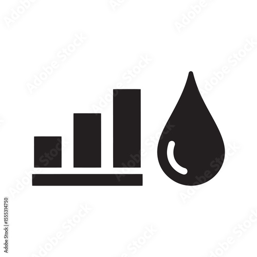 Fuel consumption chart icon with a bar graph and liquid drop representing usage rate data analysis and efficiency measurement for oil or water vector solid glyph icon