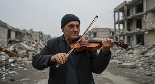 A musician plays violin in a war-torn city, expressing the emotional impact of conflict.