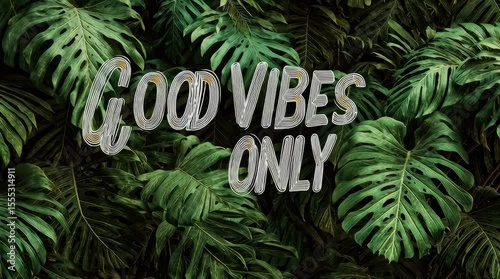 Good vibes only text. Green jungle leaves fill background.
