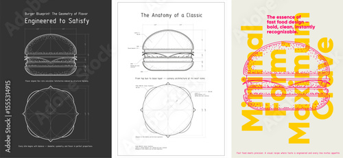 A triptych of burger posters styled as technical blueprints—illustrating anatomy, proportions, and visual precision. Where fast food meets graphic design and engineered appetite.