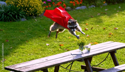 Raccoon in red superhero cape leaping from bench outdoors. Slow motion copy space