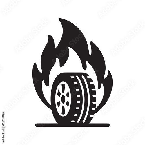 Burning tire glyph icon for car burnout protest symbol or stunt racing danger showing rubber wheel on fire vector illustration vector solid glyph icon