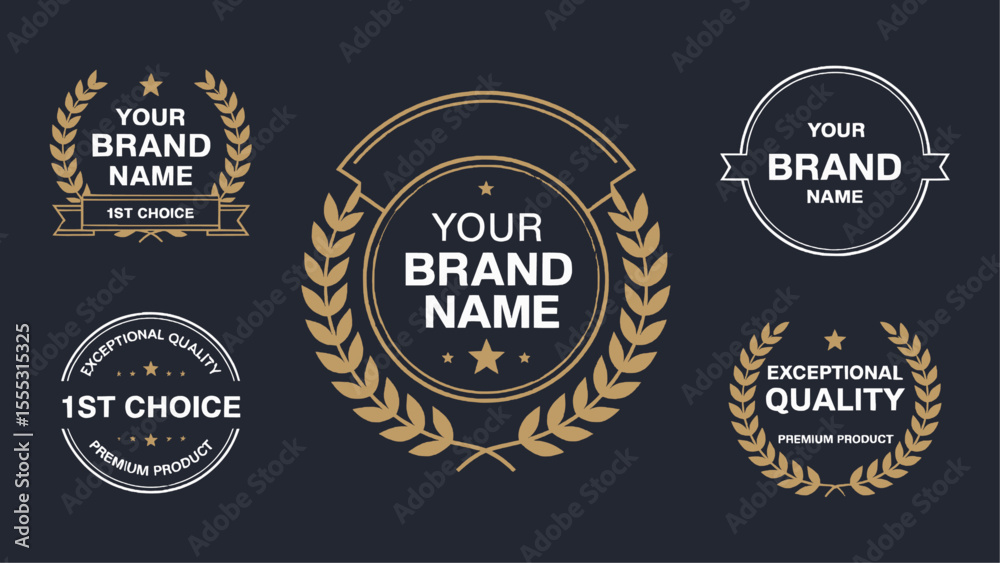 Obraz premium Premium Brand Label Badge Collection with Laurel Wreaths and Gold Accents for Logo Design, Product Quality Seals, Business Branding, Luxury Certificates, and Professional Identity Templates