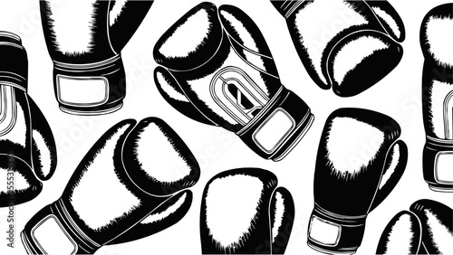 Seamless Boxing Gloves Pattern in Black and White Vintage Style for Sports Backgrounds, Martial Arts Design, Fitness Branding, Fight Club Themes, Athletic Apparel, and Combat Sports Illustrations